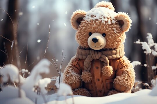 A background image, featuring a bundled-up teddy bear sitting in the snow, with a sense of anticipation for the enchanting magic of the holiday season. Photorealistic illustration