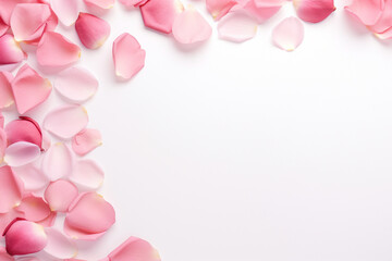 Fototapeta na wymiar Flowers composition, Rose flower petals on white background, Valentine's Day, Mother's Day concept, Flat lay, top view, copy space, aesthetic look