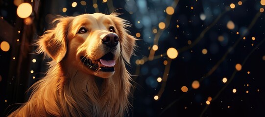 A wide-format background image for Christmas content, capturing the moment when a dog has witnessed something truly magical during the holiday season. Photorealistic illustration - obrazy, fototapety, plakaty