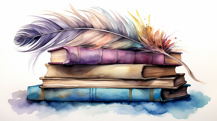 watercolor feather with books on white background.