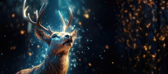 A wide-format background image for creative Christmas content, featuring a reindeer experiencing something magical falling upon it. Photorealistic illustration - obrazy, fototapety, plakaty