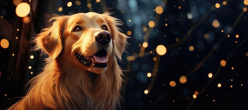 A wide-format background image for Christmas content, capturing the moment when a dog has witnessed something truly magical during the holiday season. Photorealistic illustration
