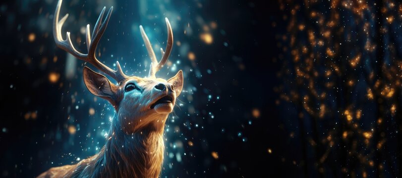 A wide-format background image for creative Christmas content, featuring a reindeer experiencing something magical falling upon it. Photorealistic illustration