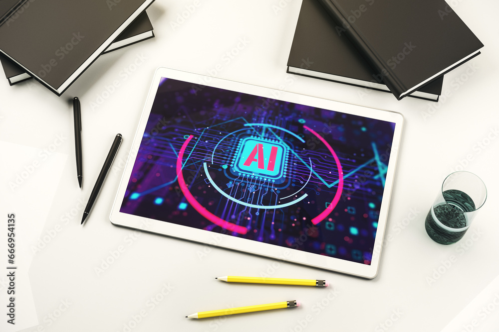 Poster Top view of modern digital tablet screen with creative artificial Intelligence abbreviation. Future technology and AI concept. 3D Rendering
