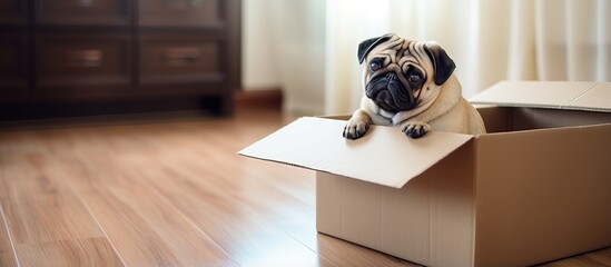 Old pug dog resting in a box indoors Pet at home