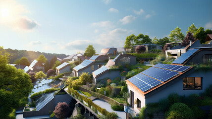 aerial view of solar panels with modern house in city - obrazy, fototapety, plakaty