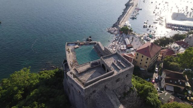 Herceg Novi's Forte Mare Fortress overlooking Montenegro's Adriatic coastline - Aerial