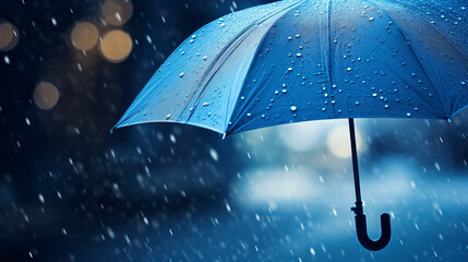 Close up of blue umbrella with heavy rain