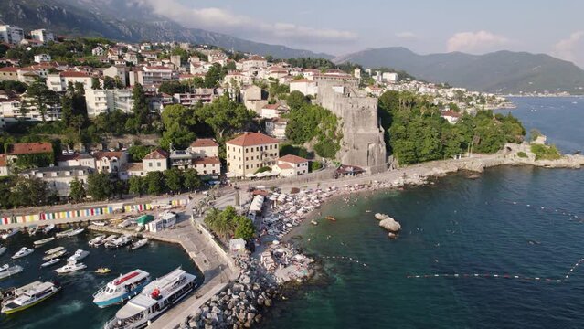 Montenegro, Herceg Novi, Forte Mare Fortress, beachfront aerial view
