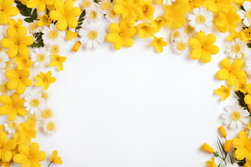 Flowers composition, Frame made of yellow flowers on wooden white background, Easter, spring, summer concept, Flat lay, top view, aesthetic look