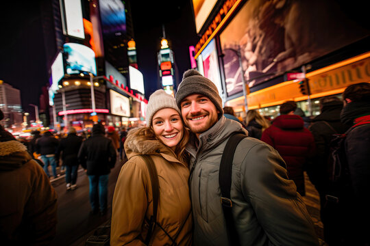 Tourist couple taking a selfie in Times Square