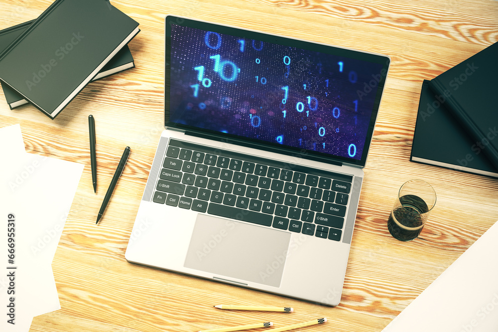 Aufkleber Creative abstract binary code sketch on modern laptop monitor, hacking and matrix concept. 3D Rendering