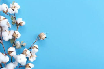 Flowers composition, Cotton flowers on pastel blue background, Flat lay, top view, copy space, aesthetic look