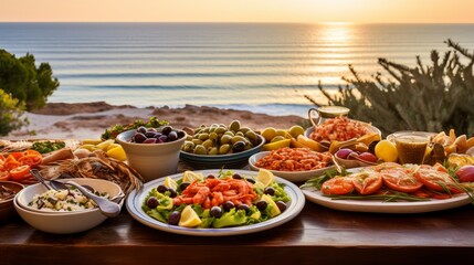 A Mediterranean feast on a seaside table - obrazy, fototapety, plakaty