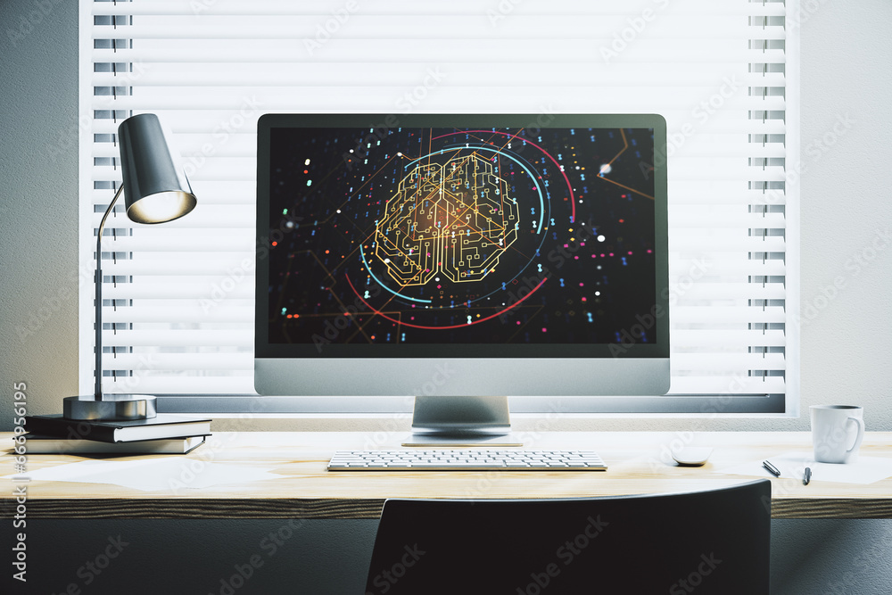 Fototapete Modern computer monitor with creative artificial Intelligence symbol. Neural networks and machine learning concept. 3D Rendering