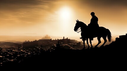 Fototapeta na wymiar Silhouette of knights in the setting sun. Great for stories about history, warfare, RPG, armor, medieval era and more. 