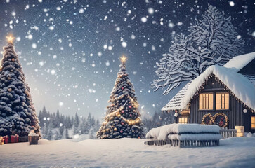Winter Wonderland: Christmas Tree in Foreground, Folk Art Cottage Close-Up. Generative AI.