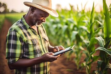 A modern farmer in a corn field using a digital tablet to review harvest and crop performance, ESG concept and application of technology in contemporary agriculture practices - obrazy, fototapety, plakaty