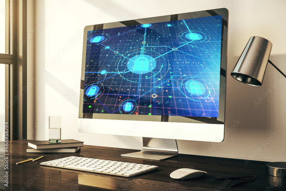 Poster Modern computer monitor with creative lock hologram and chip. Information security concept. 3D Rendering