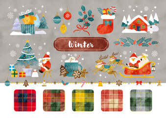 水彩 クリスマスイラストとチェックパターンセット