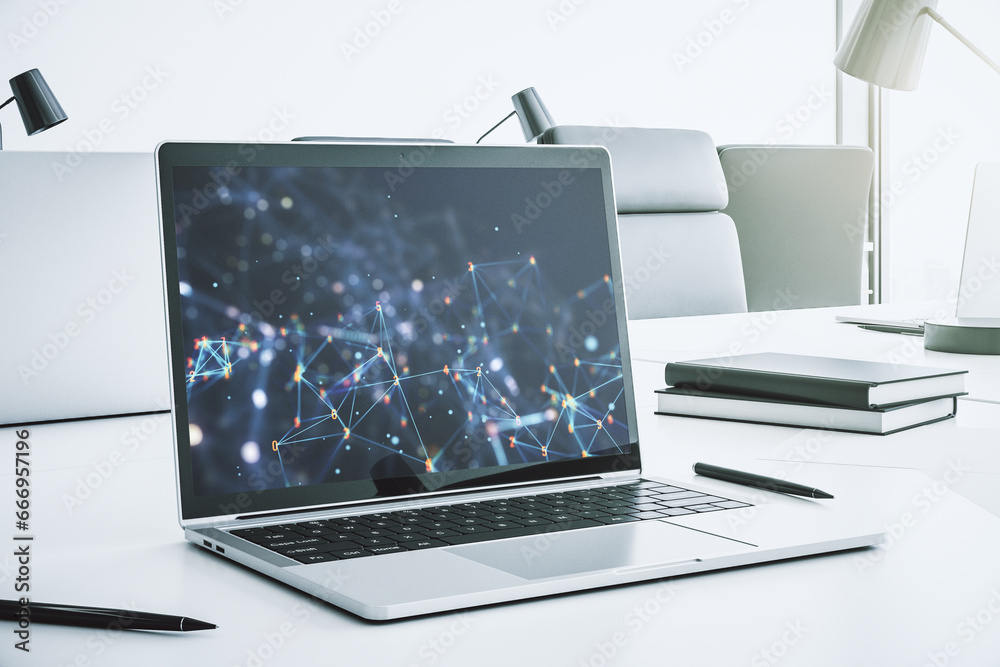 Poster Creative abstract wireless technology hologram on modern computer monitor, artificial intelligence and machine learning concept. 3D Rendering