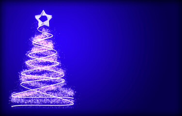 Felicitación de fondo azul con árbol de navidad rojo.