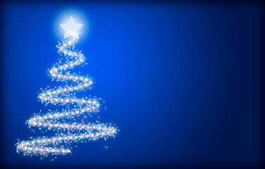 Felicitación de fondo azul con árbol de navidad rojo.