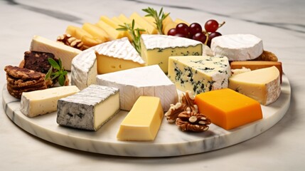 A colorful assortment of gourmet cheeses on a marble platter