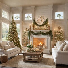 a decorated christmas tree in a living room,luxurious wooden cottage, full scene shot, colorful trees