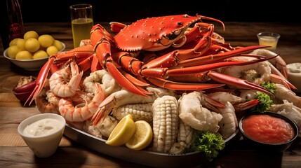 A coastal seafood boil table with crab legs and shrimp - obrazy, fototapety, plakaty