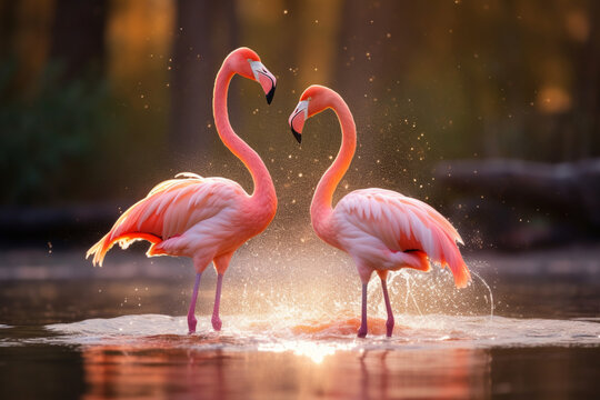 Flaningo fight, American flamingo, Phoenicopterus rubernice, pink big bird, dancing in water, animal in the nature habitat, soft light photography