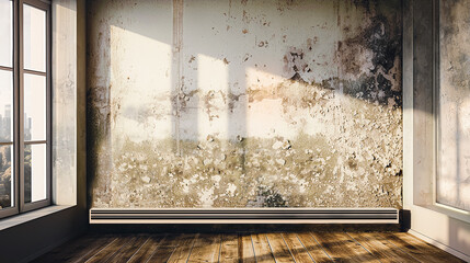 Empty room with moldy walls and window in sunshine