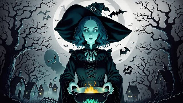 
a witch with a magic cauldron of potion in a Gothic dress against the backdrop of a gloomy moon with bats. Stop motion video with zoom out, concept: Halloween image
