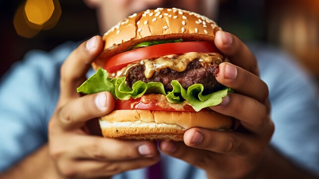 A Close-up Of A Person Savoring A Bite Of A Juicy Burger With Delight