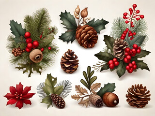 Collection of decorative Christmas plants. Acorn  pine cones and berries.