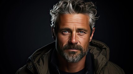 Obraz premium Portrait Of A Mature Man Smiling At The Camera. on white. Left side. Man face portrait illustration. Generative AI