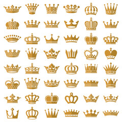 Gold crown icons queen king golden crowns luxury royal on blackboard