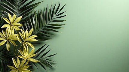 Fototapeta na wymiar Top view of green tropical leaf shadow on sand color background. Flat lay. Minimal summer concept with palm tree leaf. Creative copyspace. Background with shadow. Generative AI