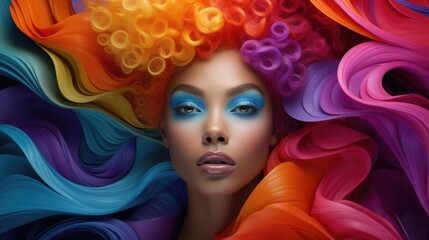 National Color Therapy Month concept. A portrait of a beautiful woman is surrounded by a palette of paints of all colors.