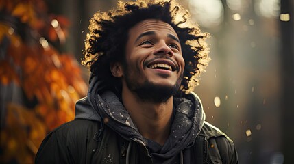 Obraz premium Laughing young man. Man face portrait illustration. Generative AI