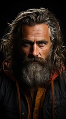 Fototapeta premium Head and shoulders portrait of a bearded middle-aged man looking thoughtfully at the camera over a white studio background. Model portrait illustration. Generative AI