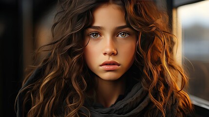 Naklejka premium Crop close up portrait of serious sad little Caucasian girl look at camera, unhappy small child kid orphan feel lonely abandoned. People portrait illustration. Generative AI