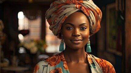 Portrait of a beautiful african woman smiling while looking at camera. Mid adult woman with traditional african headscarf stay at home and smiling. Smile emotion illustration. Generative AI