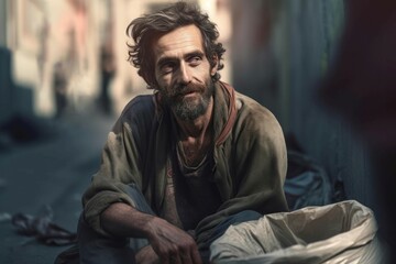 Beggar man wearing dirty clothes. Lonely poor homeless man siting on street. Generate ai