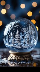 Snow Ball With Christmas Tree In It And Lights On Winter Background. Christmas snow globe. Generative AI