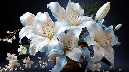 Lily turquoise-white flower on white background. Floral flower illustration. Generative AI