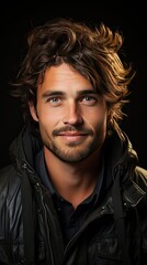 Fototapeta premium Portrait of a beautiful smiling man showing white teeth looking into camera or making faces of doubt or blunders with perfect skin and combed hair. Man face portrait illustration. Generative AI