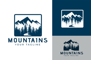 Mountains Hills Rivers and Pine Trees Retro Vintage Style for Adventure Badge Logo Design Vector