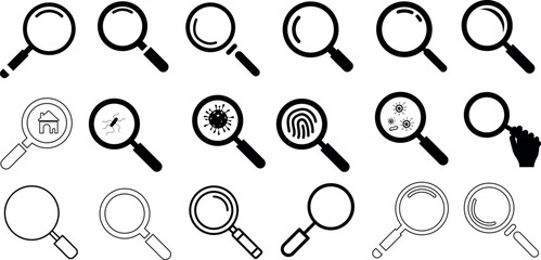Magnifying glass vector illustration set, perfect for search, investigation, discovery themes. Features various items house, virus, fingerprint, bug, hand. l for detective, science, research themes.