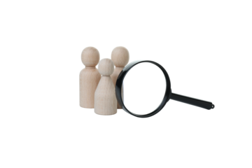 PNG, Magnifying glass and wooden figures, isolated on white background